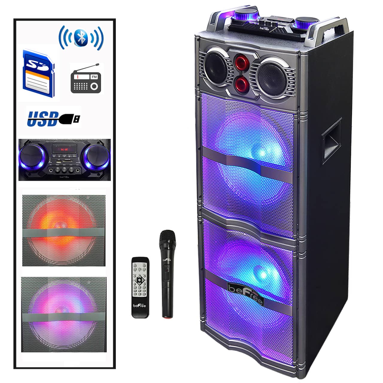 beFree Sound Double 10" Subwoofer Portable Bluetooth Party Speaker With Reactive Lights